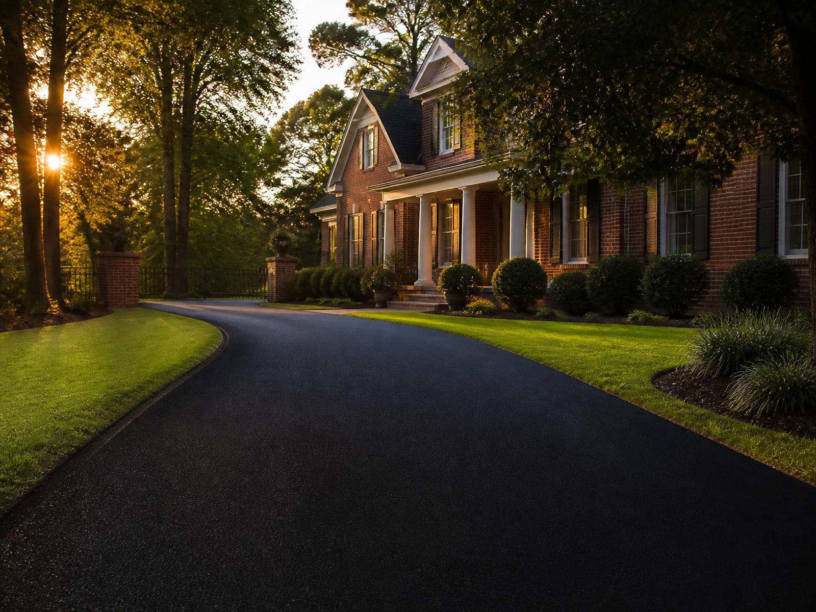 Freshly paved black asphalt driveway curving up to a brick home near Prattville, Alabama at sunset
